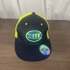 Hella Trucker Hat – Black and Yellow Mesh Snapback Cap with Embroidered Logo